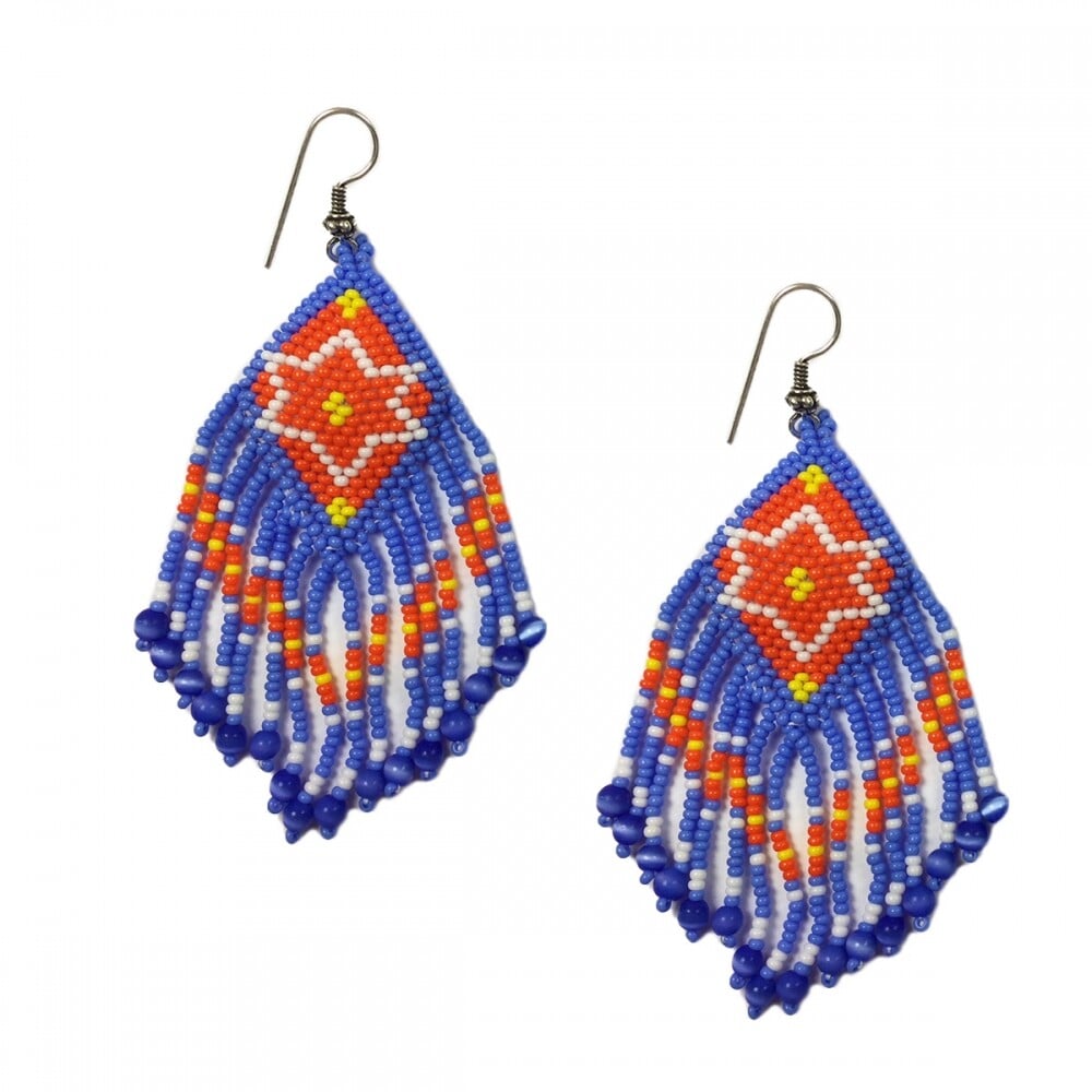 Handmade Blue Orange Beaded Fringe Earrings