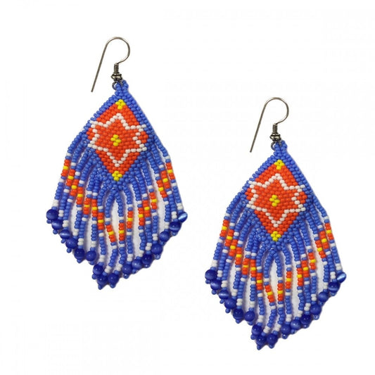 Handmade Blue Orange Beaded Fringe Earrings