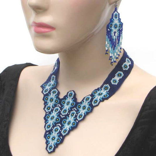 Handmade Beaded Blue Seed Bead Bib Necklace Earrings Set
