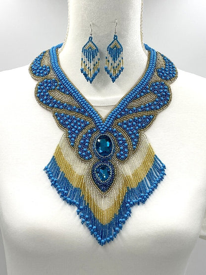 Handmade Beaded Turquoise Blue Gold Native Style Bib Necklace Earring Set