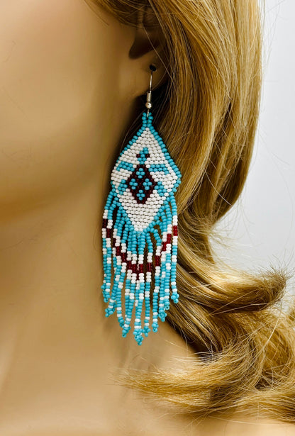 Handcrafted Native Style Beaded Light Blue Turtle Earrings