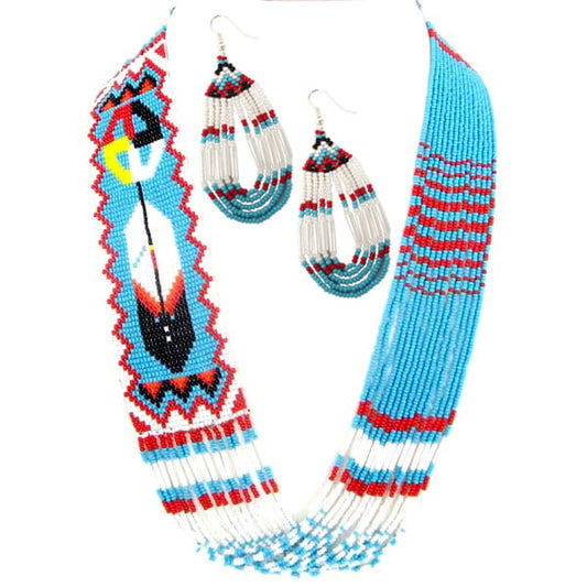 Handmade Beaded Feather Design Layered Necklace Earrings Set in Cyan Blue, White, Red, Black, Yellow