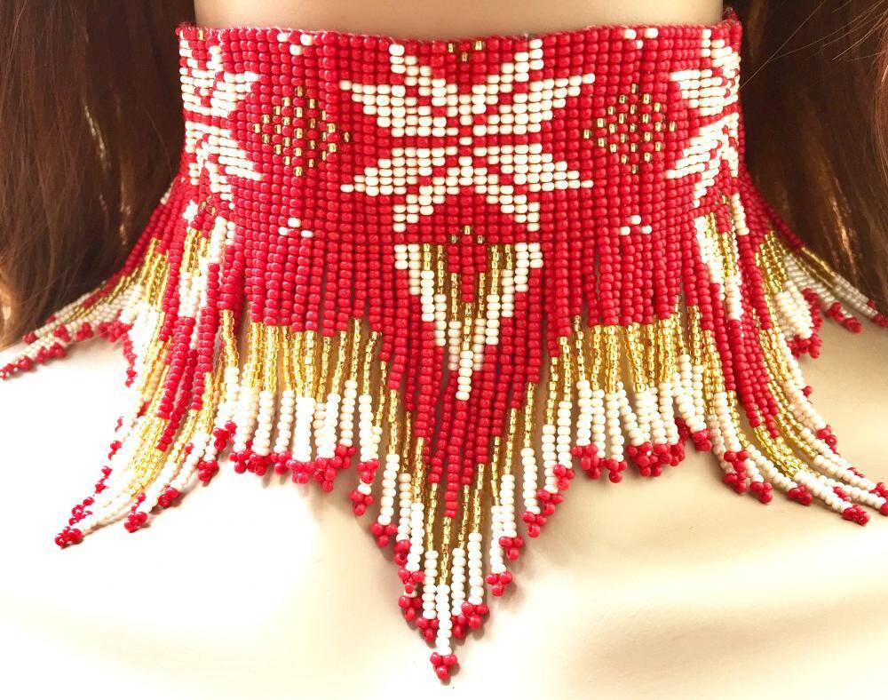 Handmade Beaded Red Gold Seed Bead Choker Necklace