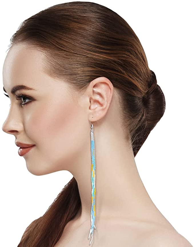 Iris Blue Multi Glass Seed Beads Beaded Extra Long Earrings 7.5 Inch