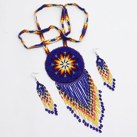 Handmade Beaded Necklace Earrings Set with 2-3 Inch Rosette Pendant - Deep Blue Sunburst