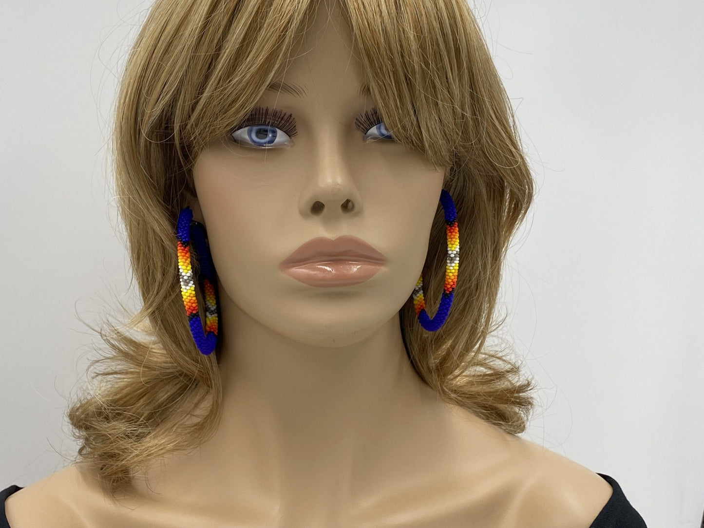 Handmade Native Style 3 Inch Hoop Earrings with Czech Seed Beads - Deep Blue