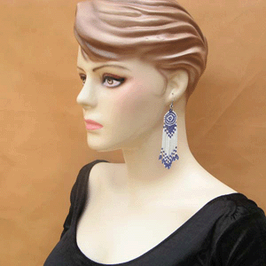 Handmade Beaded Blue White Bugle Seed Bead Earrings