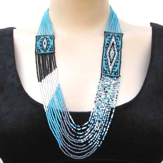 Handmade Beaded Blue Black Seed Bead Layered Medicine Man'S Eye Necklace