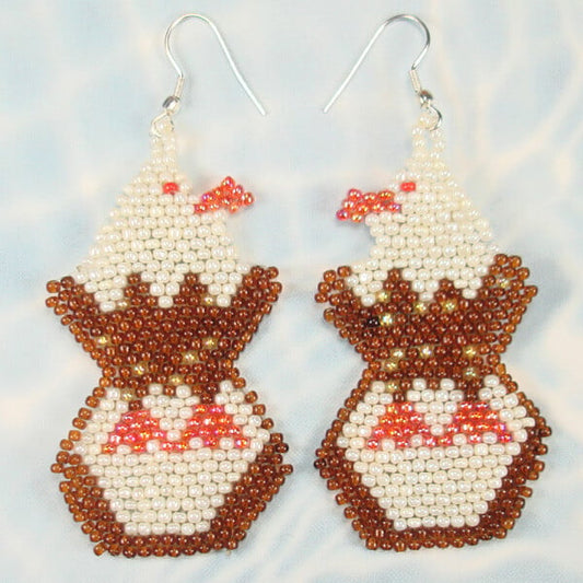 Brown Cream Red Seed Beads Beaded Hen Earrings