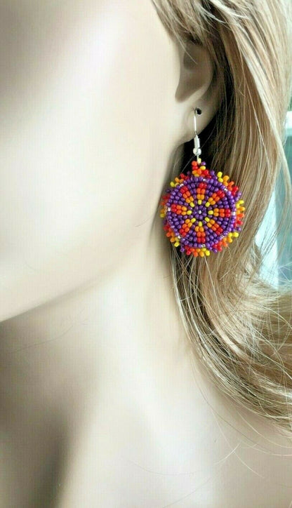 Handmade beaded native style Purple round dangle hook earrings
