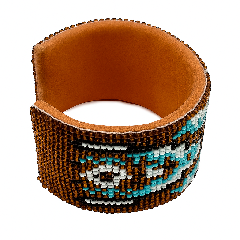 Handmade Beaded Cuff Bracelet – Brown, Turquoise & White 1.5”