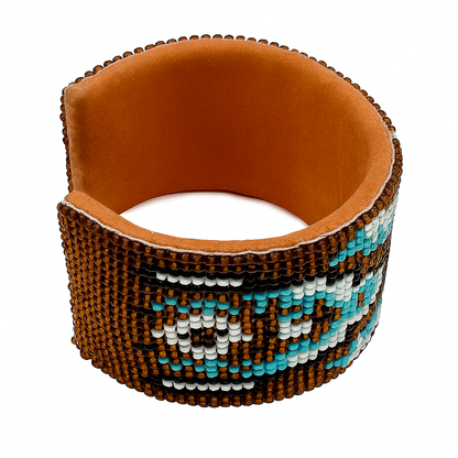 Handmade Beaded Cuff Bracelet – Brown, Turquoise & White 1.5”