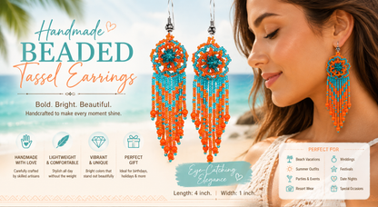 Handmade Orange & Turquoise Beaded Fringe Earrings for Women – Lightweight Statement Dangle Earrings, Boho Festival Jewelry