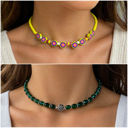 2-for-1 Beaded Necklace & Earrings Set – Floral Yellow & Emerald Green Combo | Handmade Jewelry | Clearance Deal $19.99