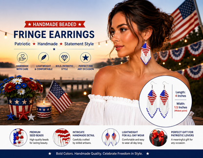 Handcrafted American Patriotic Red Blue White Seed Bead Earrings