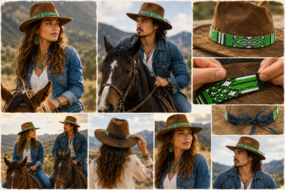 Handmade Beaded Native Style Green White Cowboy Hatband