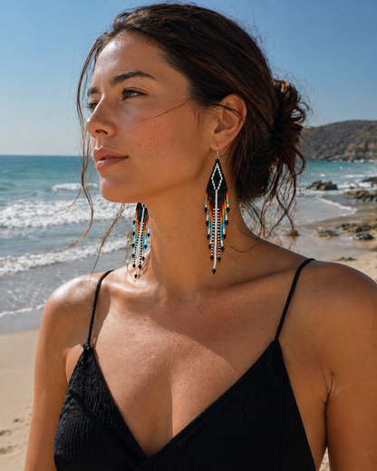Handmade Beaded Native Style Black Multi-Color Hook Earrings
