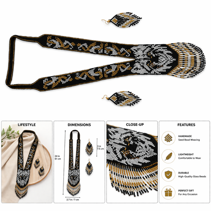 Native Tribal Style Long Statement Beaded Necklace for Women Y Shape - Black White Animal
