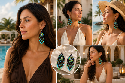 Bohemian Turquoise &amp; Green Seed Bead Earrings