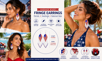 Handcrafted American Patriotic Red Blue White Seed Bead Earrings
