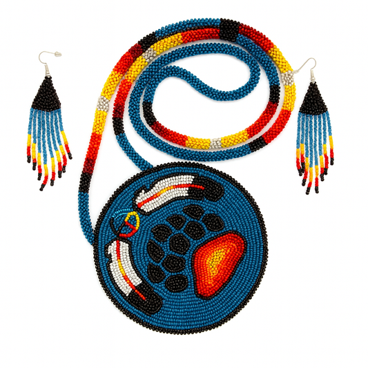 Handmade Beaded Bear Paw Blue Medallion Necklace Set