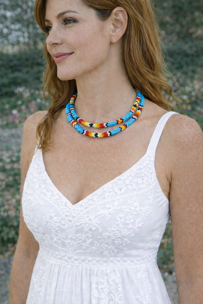 Native American Style Beaded Double Strand Rope Necklace - Cyan Blue Fire
