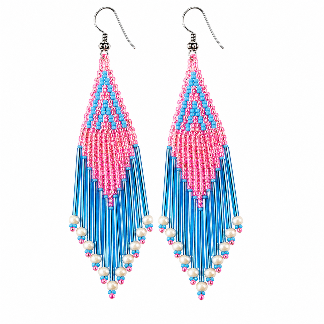 Pink & Blue Beaded Fringe Earrings – 4.4 Inch Handmade Statement Dangle, Czech Seed Beads