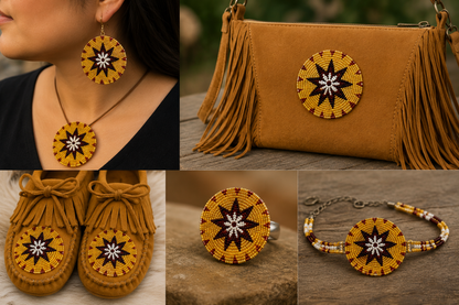 Golden Sunburst Beaded Rosette – Handmade 2.7” Round Appliqué for Regalia, Hair Accessories & Jewelry