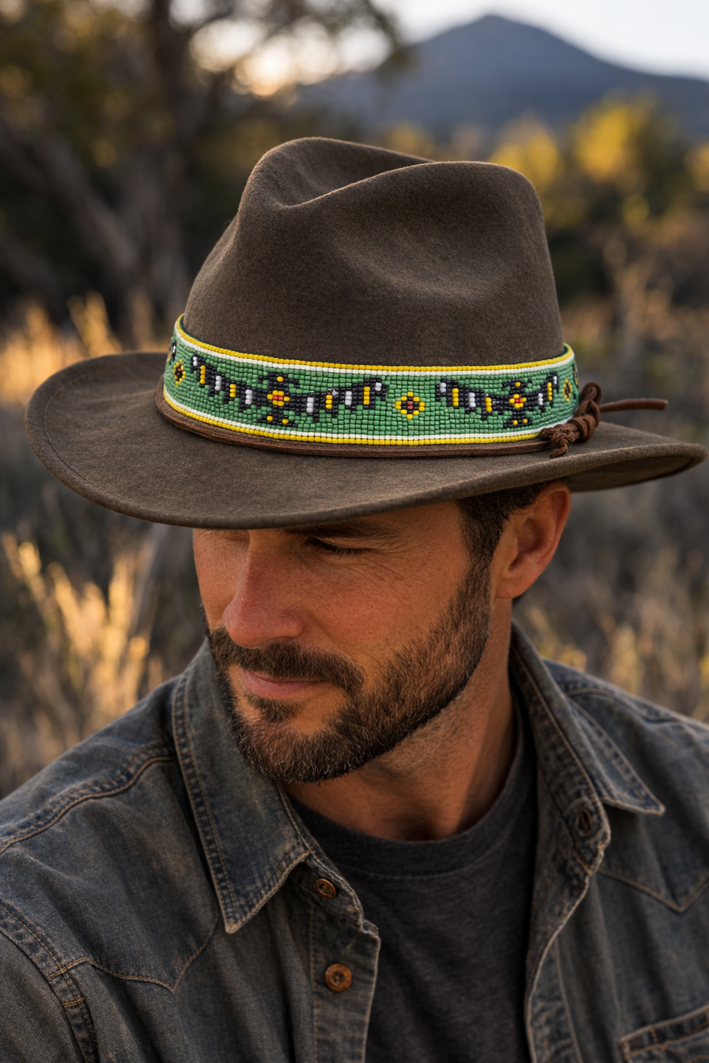 Handmade Czech Seed Bead Adjustable Hat Band – Green Western Hatband with Yellow and Black