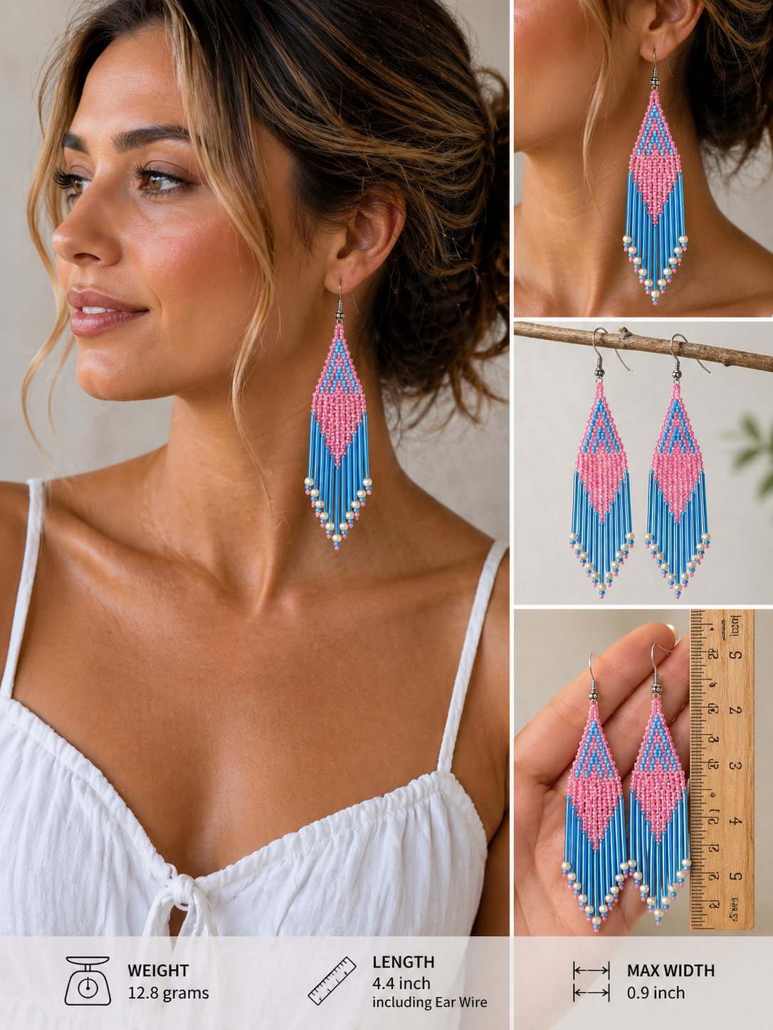Pink & Blue Beaded Fringe Earrings – 4.4 Inch Handmade Statement Dangle, Czech Seed Beads