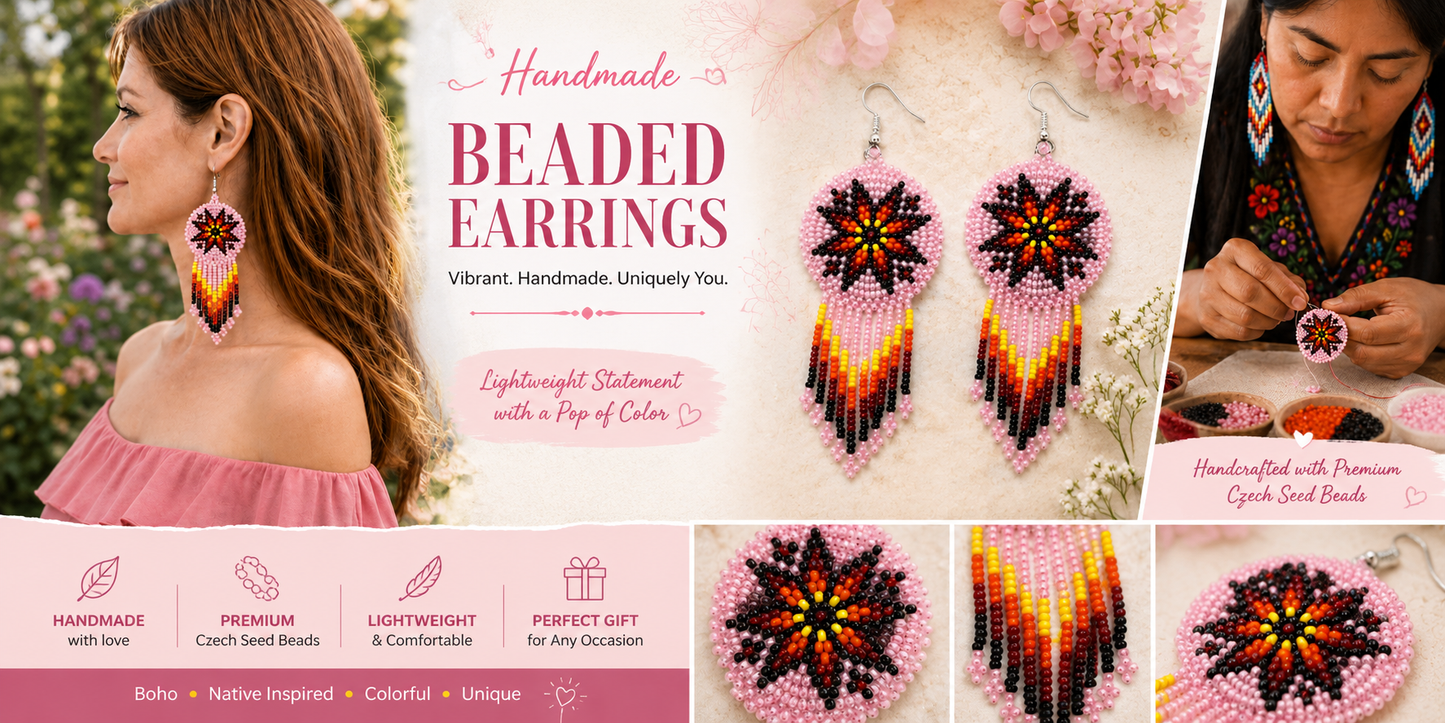 Handmade Beaded Pink Fire Color Round Fringe Hook Earrings