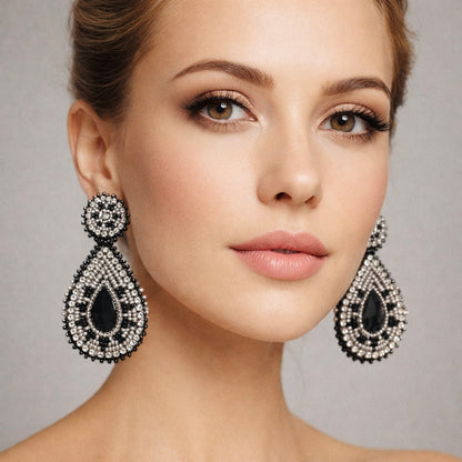 Handmade Beaded Teardrop Shape Post Earrings 3 Inches Long, 1.5 Inch Wide - Gray Black