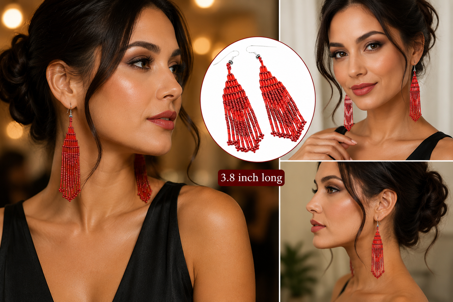 Elegant handmade Red Beaded Fringe Earrings – 3.8 Inch Handcrafted Statement Jewelry
