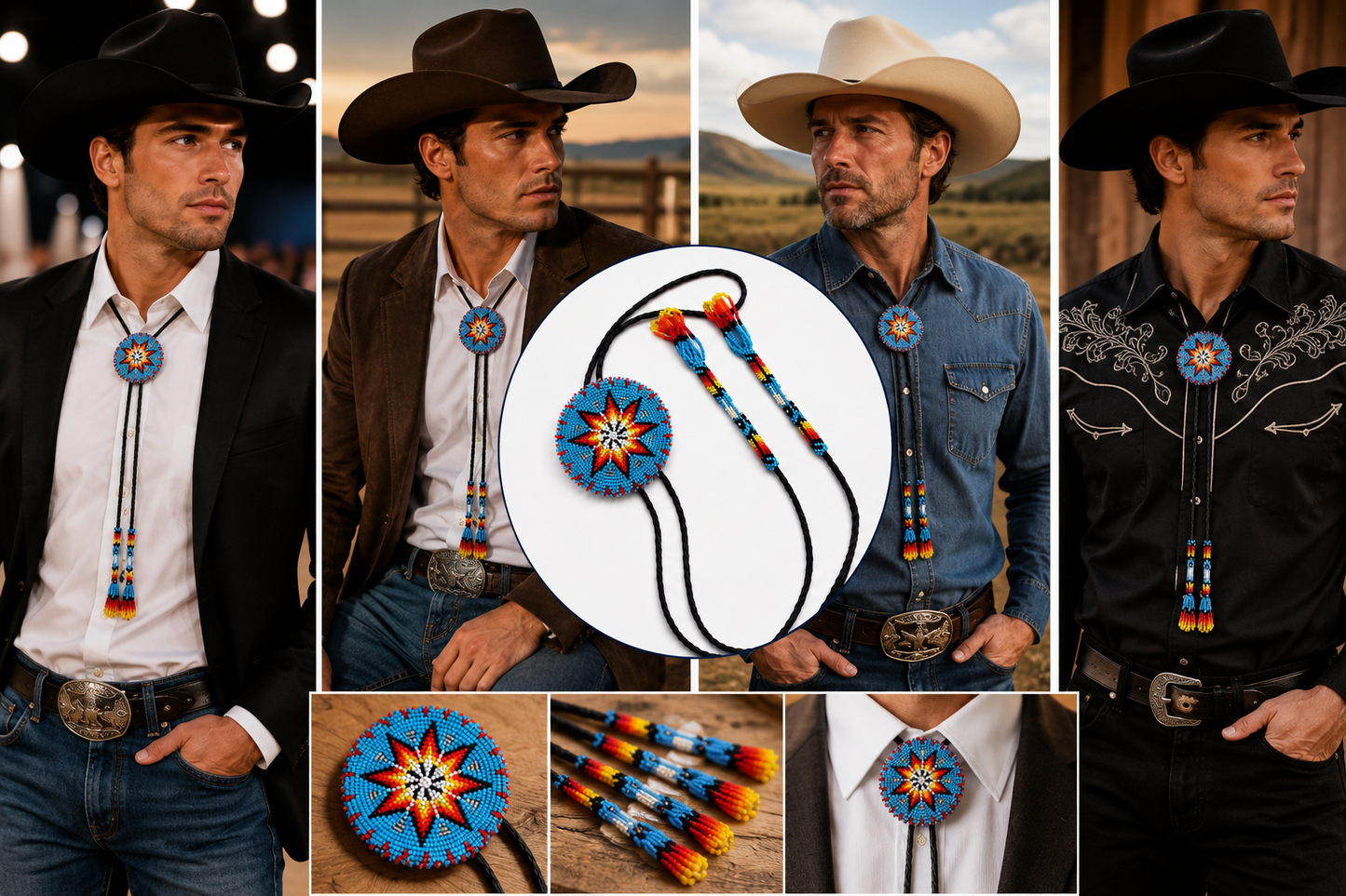 Handcrafted Cyan Blue Seed Beaded leather Bolo Tie with Star Pattern