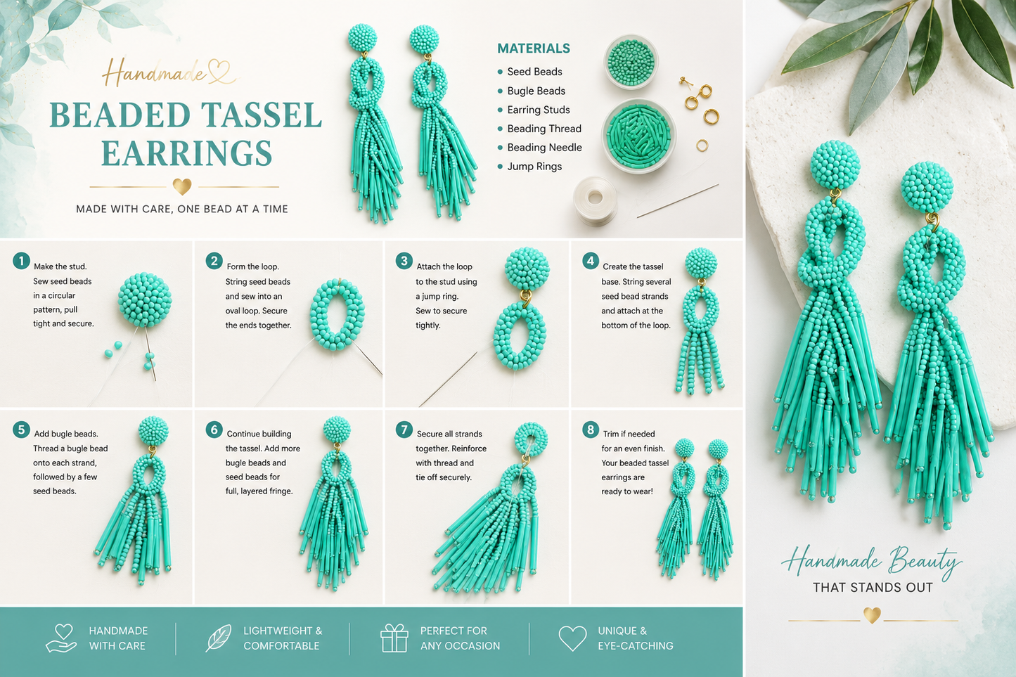 Handmade Beaded Solid Sea Green Color Post Statement Earrings for Women All Season - 4 inch Long Dangle with Celtic Knot Design - Czech Seed Beads - Sea Green