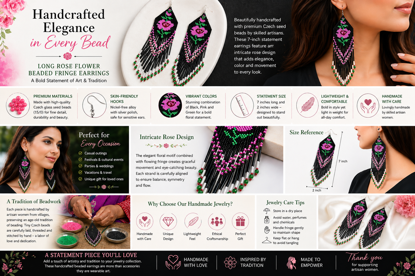 Handmade Glass Beaded Black Pink Rose Design Extra Long Earrings