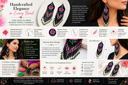 Handmade Glass Beaded Black Pink Rose Design Extra Long Earrings