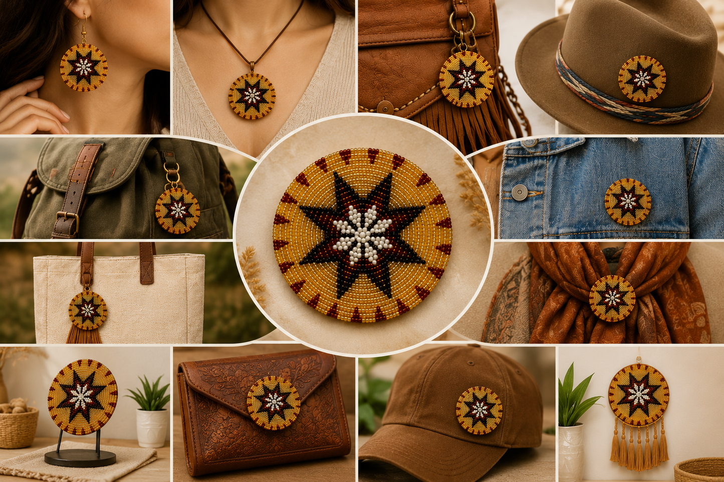 Golden Sunburst Beaded Rosette – Handmade 2.7” Round Appliqué for Regalia, Hair Accessories & Jewelry