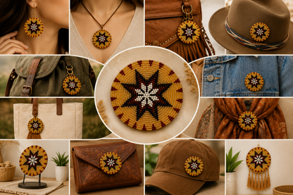 Golden Sunburst Beaded Rosette – Handmade 2.7” Round Appliqué for Regalia, Hair Accessories & Jewelry