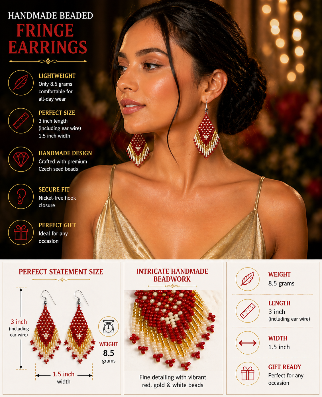 Handmade Beaded Fringe Earrings for Women – Red Gold Floral Design, 3 Inch Lightweight Dangle, Boho Statement Gift