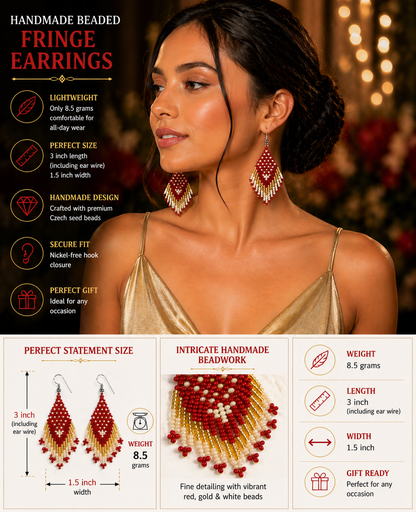Handmade Beaded Fringe Earrings for Women – Red Gold Floral Design, 3 Inch Lightweight Dangle, Boho Statement Gift