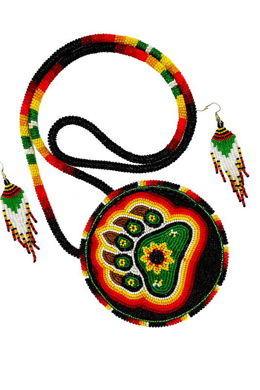 Rasta Bear Paw Beaded 5” Pendant Necklace & Earrings Set – Handmade
