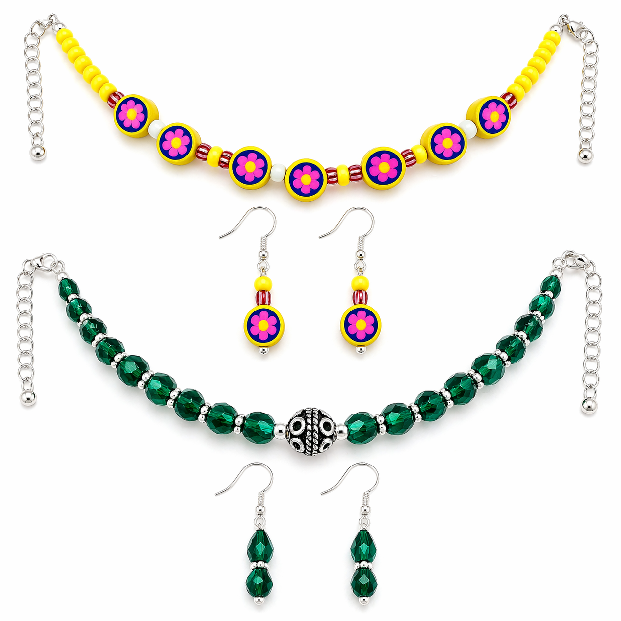 2-for-1 Beaded Necklace & Earrings Set – Floral Yellow & Emerald Green Combo | Handmade Jewelry | Clearance Deal $19.99