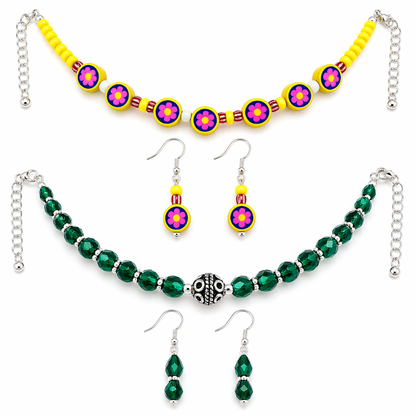 2-for-1 Beaded Necklace & Earrings Set – Floral Yellow & Emerald Green Combo | Handmade Jewelry | Clearance Deal $19.99