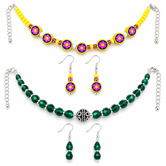 2-for-1 Beaded Necklace & Earrings Set – Floral Yellow & Emerald Green Combo | Handmade Jewelry | Clearance Deal $19.99