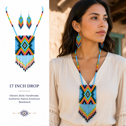 Handmade beaded Cyan Blue Aztec pendant necklace set