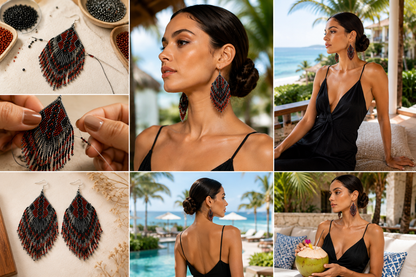Handmade Beaded Brown Grey Seed Bead Earrings