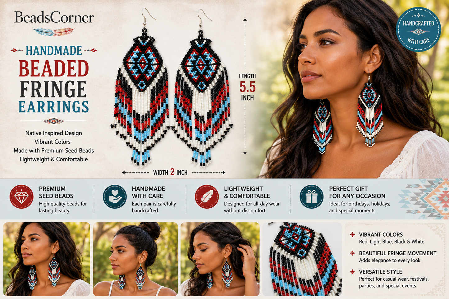 Handmade Beaded White Red Black drop dangle Hook Earrings