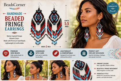 Handmade Beaded White Red Black drop dangle Hook Earrings