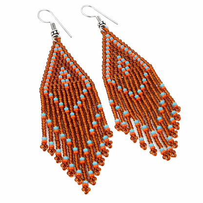 Handmade Brown Seed Bead Fringe Earrings with Turquoise & Coral Accents